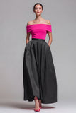 Off the Shoulder Fuchsia and Red A Line Color Block Maxi Dress with Pockets