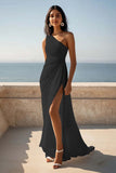 One Shoulder Ruched Ivory Maxi Sheath Beach Engagement Dress with Slit
