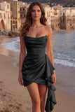 Ivory Strapless Bodycon Ruched Mini Graduation Dress with Ruffles