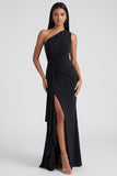Burgundy One Shoulder Mermaid Ruched Evening Dress with Slit