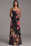 Floral Ruched Ivory Square Neck A Line Maxi Dress