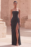 Strapless Light Pink Sheath Ruched Long Prom Dress with Slit