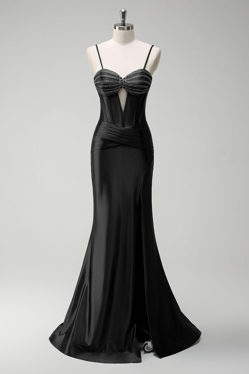 Load image into Gallery viewer, Dark Green Mermaid Beaded Corset Satin Long Prom Dress with Slit