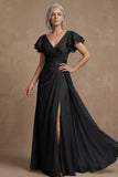 Dusty Sage A Line Flutter Sleeves Ruched Mother of the Bride Dress with Slit
