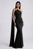 Olive Mermaid One Shoulder Long Evening Dress with Streamer