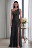 Golden Pleated A Line One Shoulder Long Evening Dress with Slit