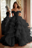 Black Princess Off The Shoulder Tiered Ruffled Long Prom Dress