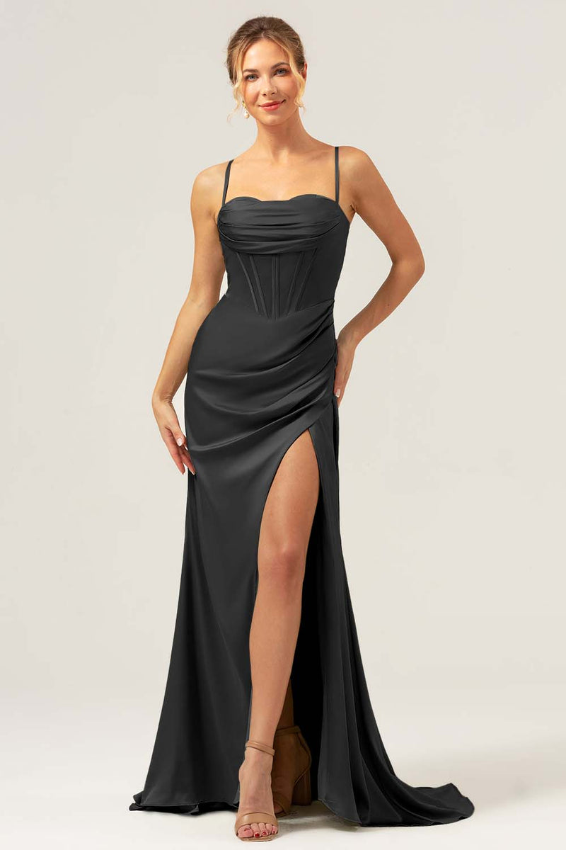 Load image into Gallery viewer, Sage Mermaid Spaghetti Straps Corset Satin Bridesmaid Dress with Slit