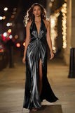 Gold Halter Metallic Ruched Long Formal Dress wth Slit