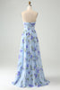 Load image into Gallery viewer, Blue Floral A Line Sweetheart Strapless Print Pleated Long Wedding Guest Dress