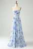 Load image into Gallery viewer, Blue Floral A Line Sweetheart Strapless Print Pleated Long Wedding Guest Dress