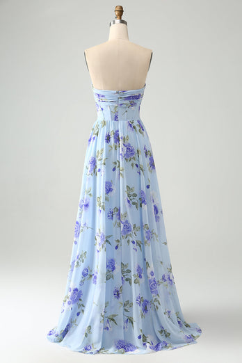 Blue Floral A Line Sweetheart Strapless Print Pleated Long Wedding Guest Dress