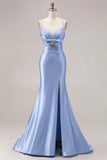 Fuchsia Mermaid Cut Out Pleated Satin Bowed Long Prom Dress with Slit