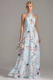 Pink A-Line Halter Neck Floral Long Bridesmaid Dress