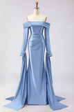 Dark Green Mermaid Off The Shoulder Satin Long Prom Dress with Long Sleeve