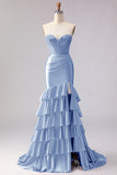 Red Mermaid Ruffled Sweetheart Beaded Corset Long Prom Dress with Slit