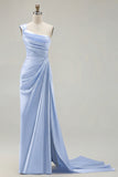 Green One Shoulder Ruched Sheath Long Prom Dress with Slit