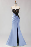 Strapless Mermaid Green Appliqued Lace Long Prom Dress with Slit