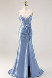 Navy Mermaid Strapless Corset Ruched Beaded Long Prom Dress with Bow