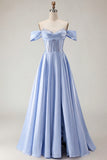Off The Shoulder Beaded A Line Purple Corset Long Prom Dress with Slit