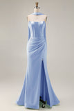 Strapless Corset Mermaid Light Green Satin Side Slit Maxi Dress with a Neck Scarf