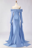 Dark Green Mermaid Off The Shoulder Satin Long Prom Dress with Long Sleeve