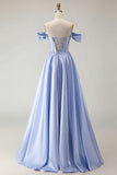 Off The Shoulder Beaded A Line Purple Corset Long Prom Dress with Slit