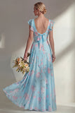 A Line Blue Chiffon Printed Floral Long Bridesmaid Dress with Ruffles