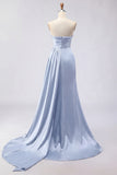 Royal Blue Strapless Mermaid Beaded Long Satin Prom Dress with Slit