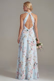 Pink A-Line Halter Neck Floral Long Bridesmaid Dress