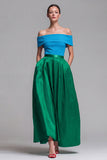 Off the Shoulder Fuchsia and Red A Line Color Block Maxi Dress with Pockets