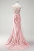 Load image into Gallery viewer, Fuchsia Mermaid Spaghetti Straps Beaded Corset Satin Long Prom Dress with Slit