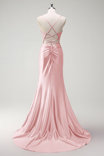 Fuchsia Mermaid Spaghetti Straps Beaded Corset Satin Long Prom Dress with Slit