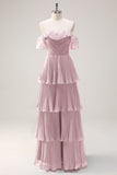Eucalyptus A Line Off the Shoulder Tiered Pleated Long Bridesmaid Dress with Slit