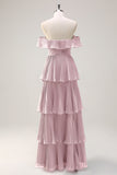Eucalyptus A Line Off the Shoulder Tiered Pleated Long Bridesmaid Dress with Slit