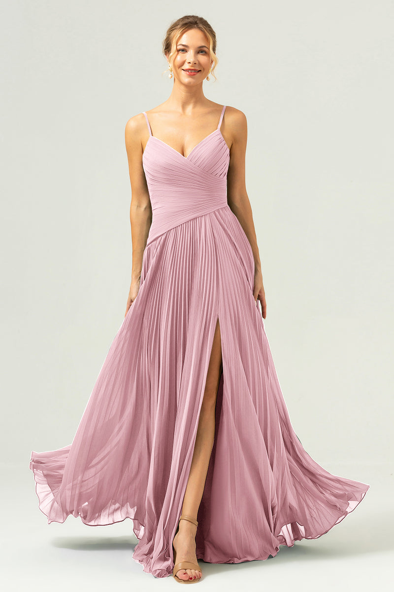 Load image into Gallery viewer, A-Line Spaghetti Straps Pleated Chiffon Eucalyptus Bridesmaid Dress with Slit