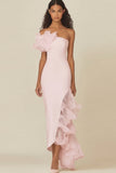 One Shoulder Sheath White Graduation Dress with Ruffles
