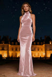 Purple Velvet Halter Sheath Long Evening Dress