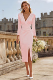 Ivory Bodycon Ruched V Neck Midi Engagement Dress with Slit