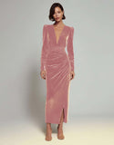 Velvet Sheath Olive V-Neck Ruched Choir Dress with slit