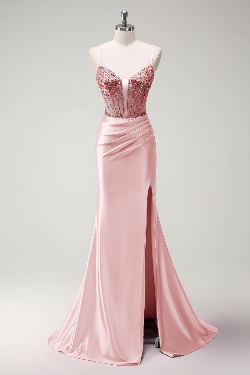 Load image into Gallery viewer, Fuchsia Mermaid Spaghetti Straps Beaded Corset Satin Long Prom Dress with Slit