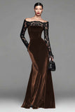 Burgundy Velvet Mermaid Long Sleeve Formal Dress with Lace