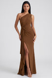 Burgundy One Shoulder Mermaid Ruched Evening Dress with Slit