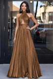 Gold Halter Neck A-Line Metallic Cut-Out Pleated Long Prom Dress