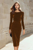 Dark Green Sheath Velvet Long Sleeve Midi Work Dress