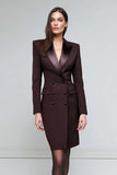 Satin Black Peak Lapel Midi Work Dress