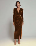 Olive Ruched Velvet Sheath V-Neck Formal Dress with Long Sleeves