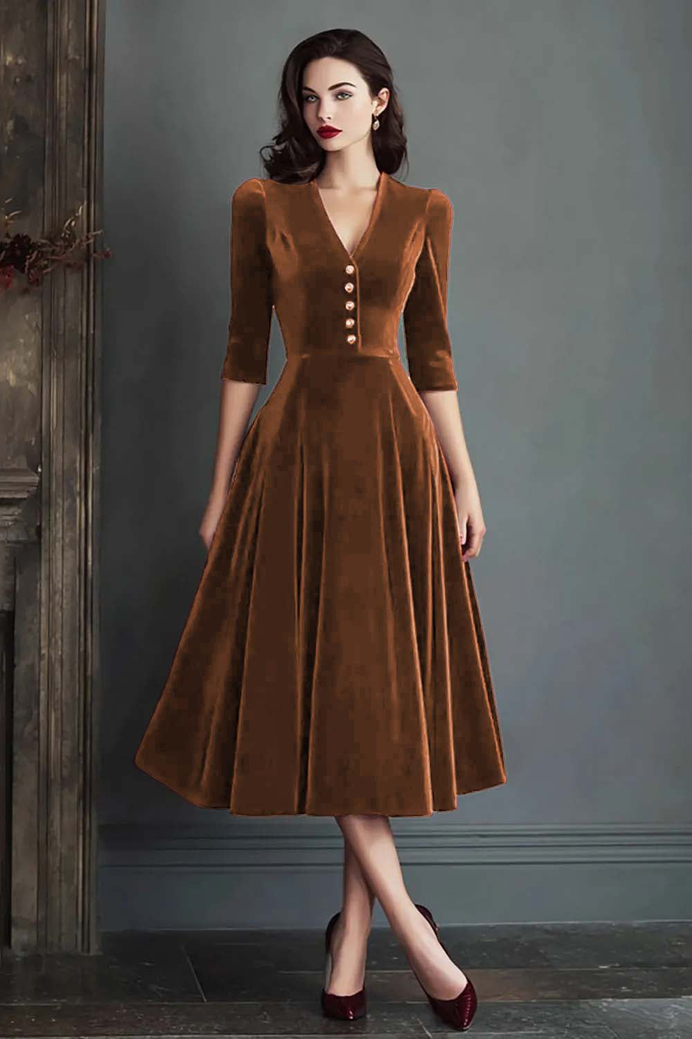ZAPAKA Women Burgundy Work Dress Velvet A Line V-Neck Long Formal Dress with Half Sleeves – ZAPAKA UK