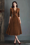 Velvet A Line V-Neck Burgundy Midi Christams Party Dress with Half Sleeves