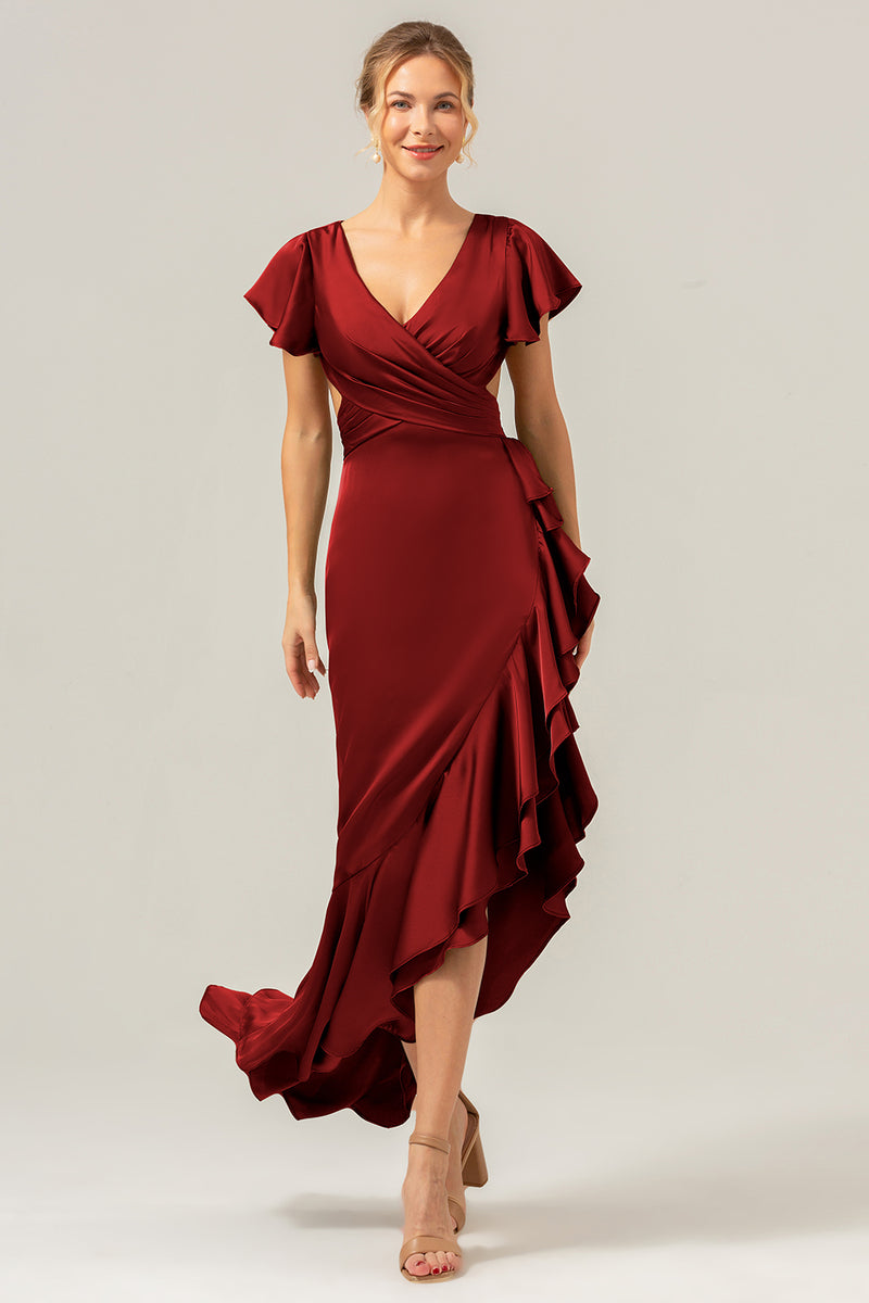 Load image into Gallery viewer, Olive A Line V Neck Satin Asymmetrical Bridesmaid Dress with Ruffle Slit